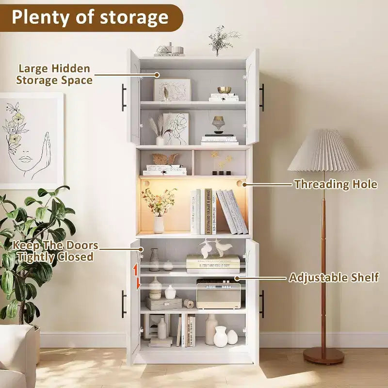 71 Inch Tall Kitchen Pantry Cabinet with Microwave Stand & Led Lights, Hutch Storage Cabinet, Slim Wood Cupboard for Dining Rooms, Apartments, White