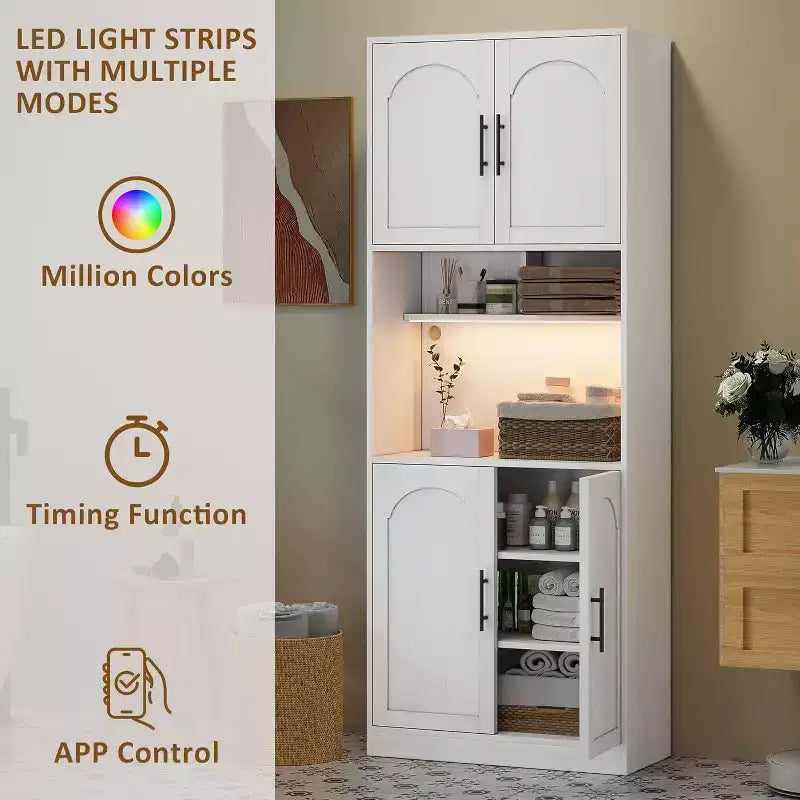 71 Inch Tall Kitchen Pantry Cabinet with Microwave Stand & Led Lights, Hutch Storage Cabinet, Slim Wood Cupboard for Dining Rooms, Apartments, White