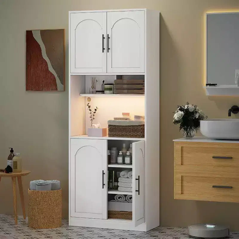 71 Inch Tall Kitchen Pantry Cabinet with Microwave Stand & Led Lights, Hutch Storage Cabinet, Slim Wood Cupboard for Dining Rooms, Apartments, White
