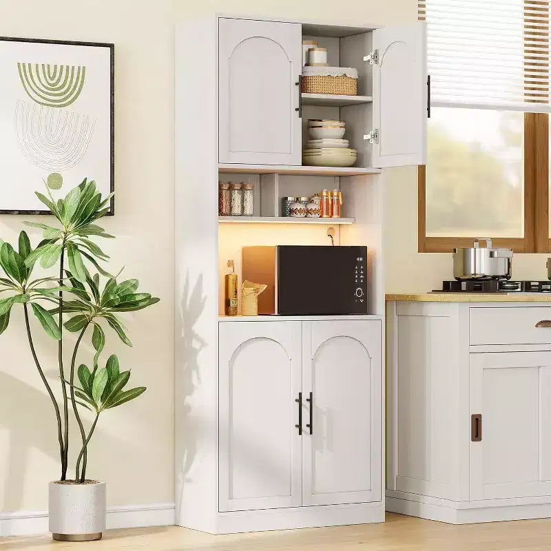 71 Inch Tall Kitchen Pantry Cabinet with Microwave Stand & Led Lights, Hutch Storage Cabinet, Slim Wood Cupboard for Dining Rooms, Apartments, White