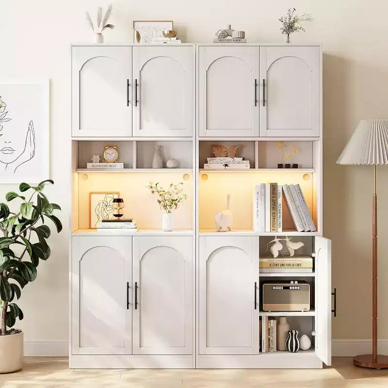 71 Inch Tall Kitchen Pantry Cabinet with Microwave Stand & Led Lights, Hutch Storage Cabinet, Slim Wood Cupboard for Dining Rooms, Apartments, White