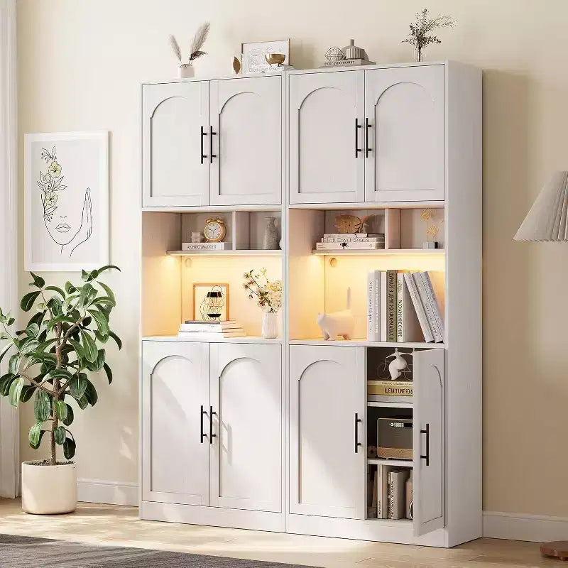 71 Inch Tall Kitchen Pantry Cabinet with Microwave Stand & Led Lights, Hutch Storage Cabinet, Slim Wood Cupboard for Dining Rooms, Apartments, White