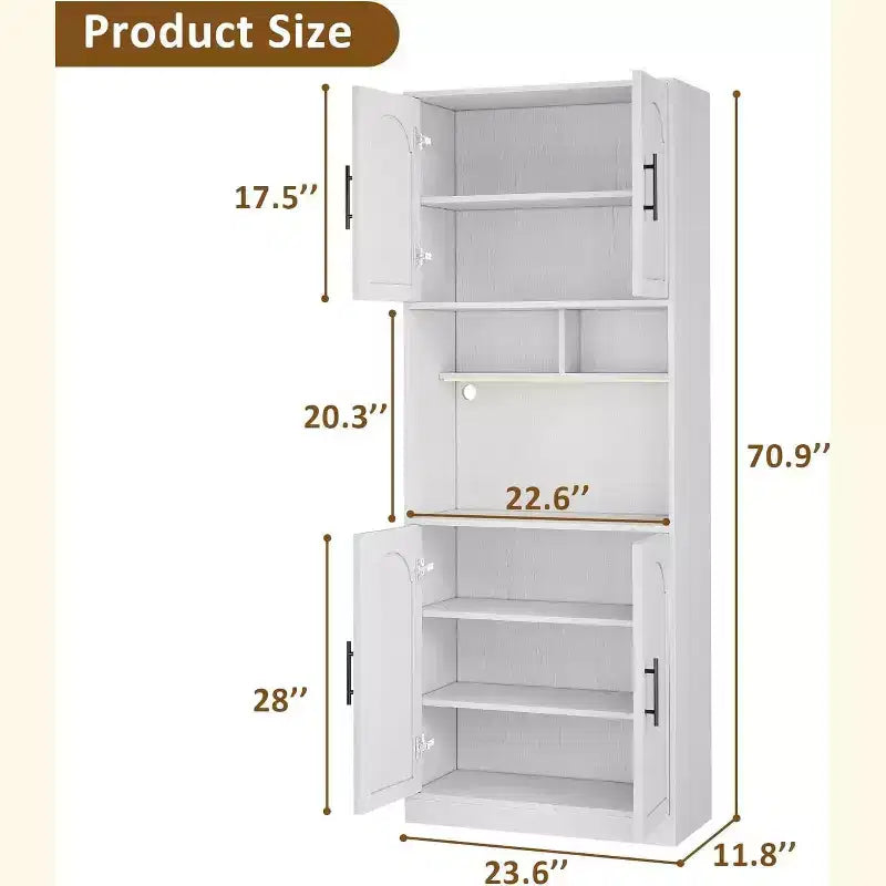 71 Inch Tall Kitchen Pantry Cabinet with Microwave Stand & Led Lights, Hutch Storage Cabinet, Slim Wood Cupboard for Dining Rooms, Apartments, White