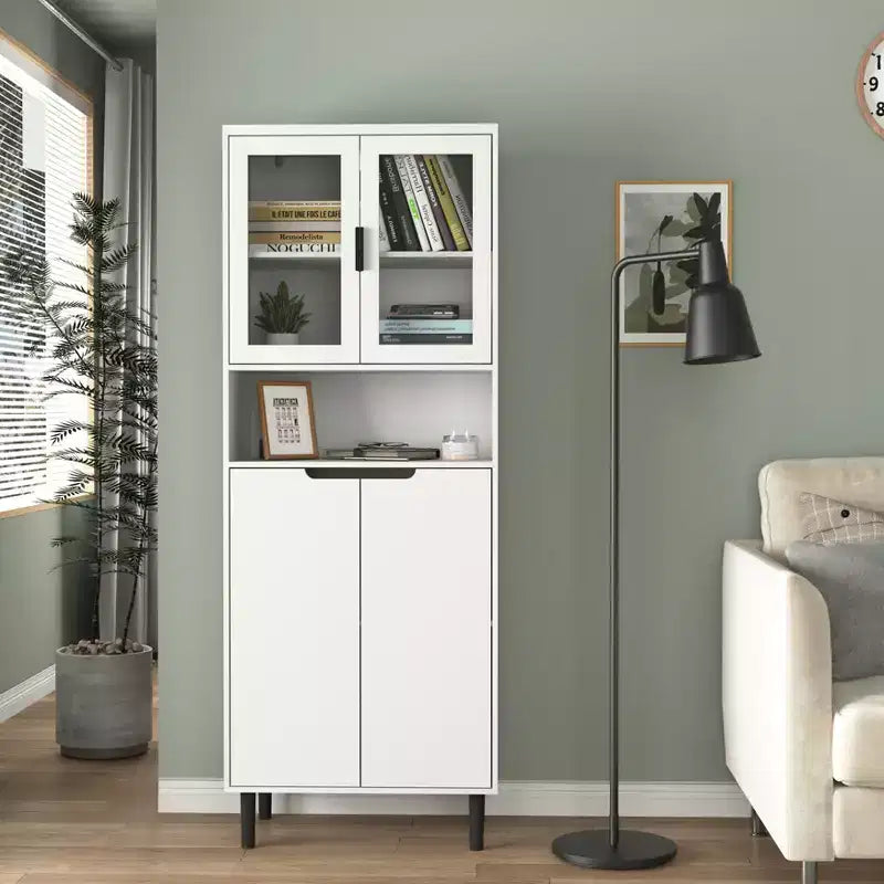 Tempered Glass Door Tall Bookcase with Adjustable Shelves, 4-Door MDF Painted Cabinet in Black for Living/Bedroom