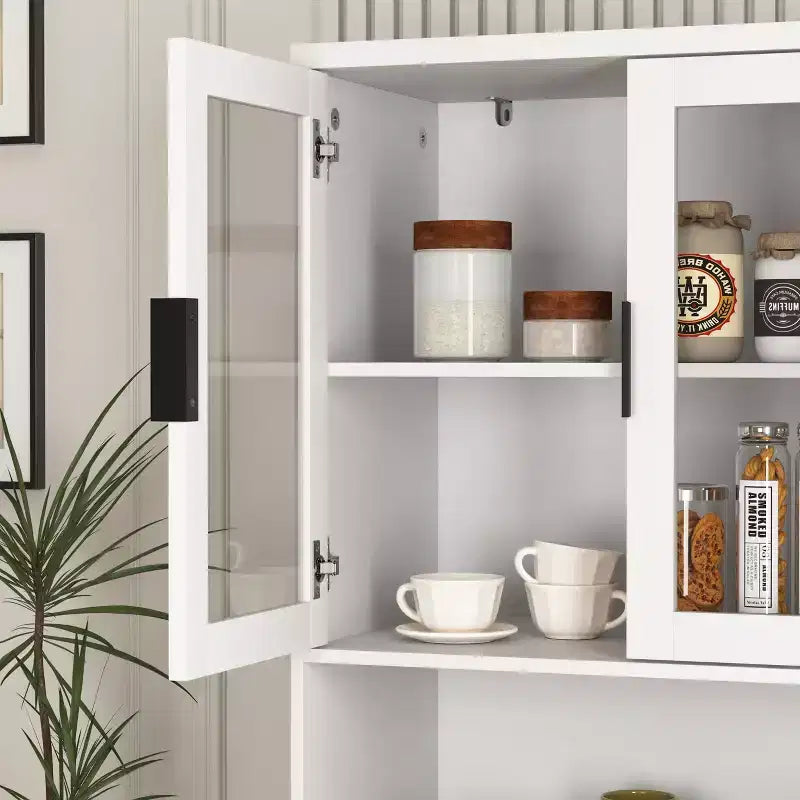 Tempered Glass Door Tall Bookcase with Adjustable Shelves, 4-Door MDF Painted Cabinet in Black for Living/Bedroom