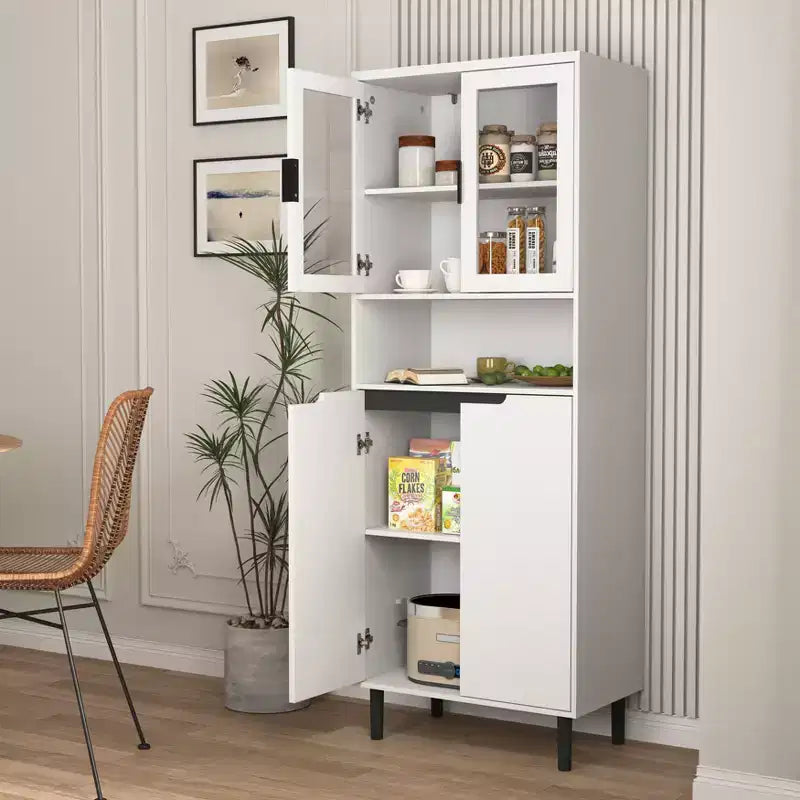 Tempered Glass Door Tall Bookcase with Adjustable Shelves, 4-Door MDF Painted Cabinet in Black for Living/Bedroom