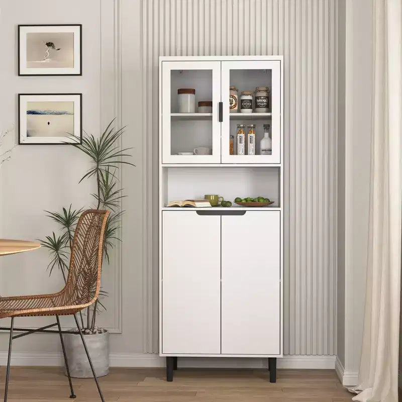 Tempered Glass Door Tall Bookcase with Adjustable Shelves, 4-Door MDF Painted Cabinet in Black for Living/Bedroom