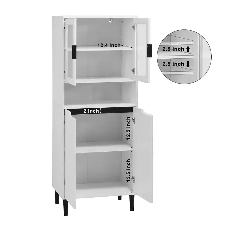 Tempered Glass Door Tall Bookcase with Adjustable Shelves, 4-Door MDF Painted Cabinet in Black for Living/Bedroom