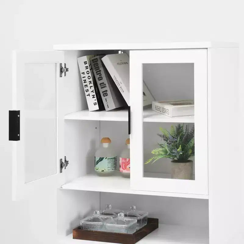 Tempered Glass Door Tall Bookcase with Adjustable Shelves, 4-Door MDF Painted Cabinet in Black for Living/Bedroom