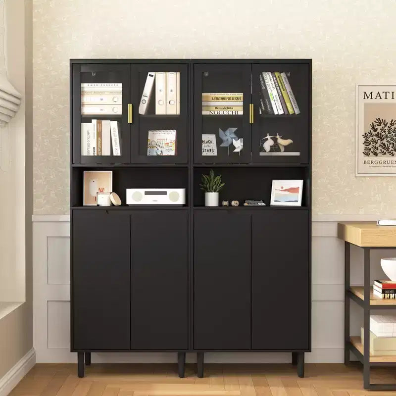 Tempered Glass Door Tall Bookcase with Adjustable Shelves, 4-Door MDF Painted Cabinet in Black for Living/Bedroom