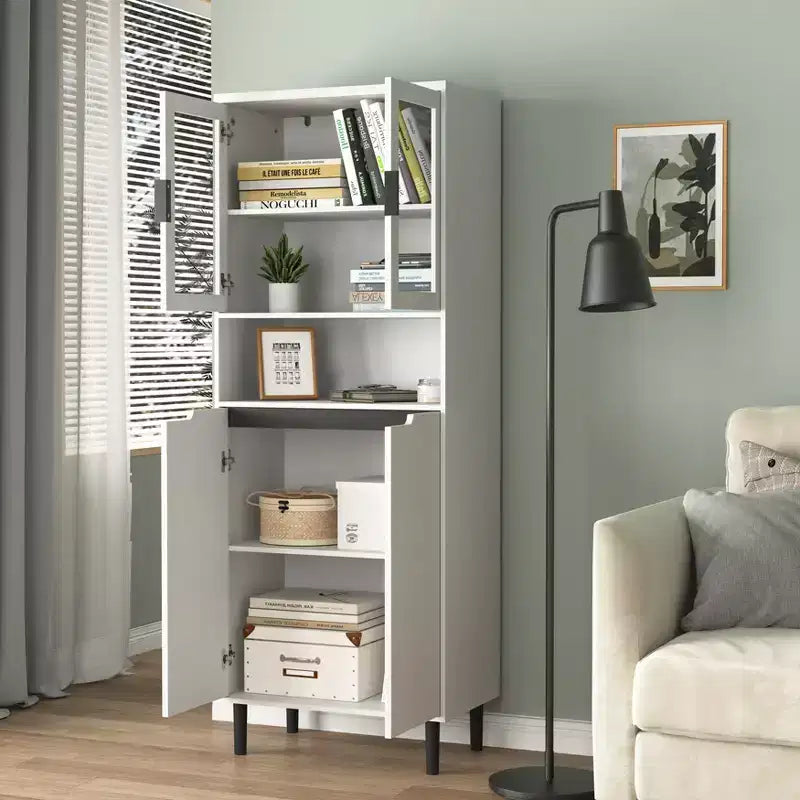 Tempered Glass Door Tall Bookcase with Adjustable Shelves, 4-Door MDF Painted Cabinet in Black for Living/Bedroom