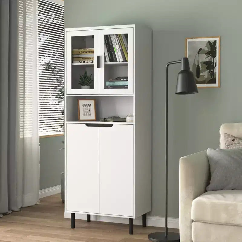 Tempered Glass Door Tall Bookcase with Adjustable Shelves, 4-Door MDF Painted Cabinet in Black for Living/Bedroom