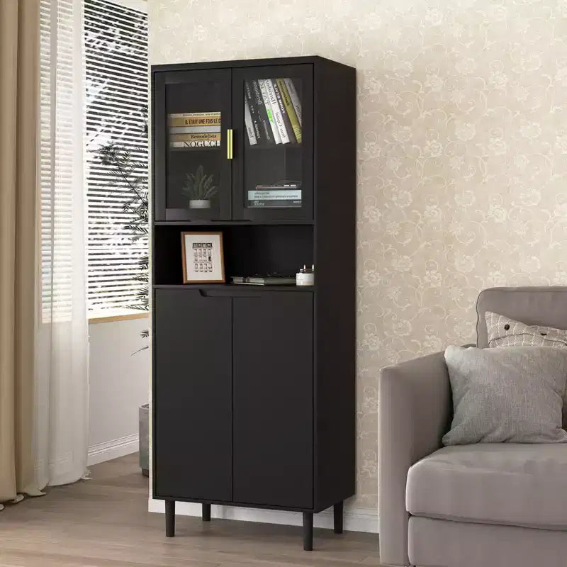 Tempered Glass Door Tall Bookcase with Adjustable Shelves, 4-Door MDF Painted Cabinet in Black for Living/Bedroom