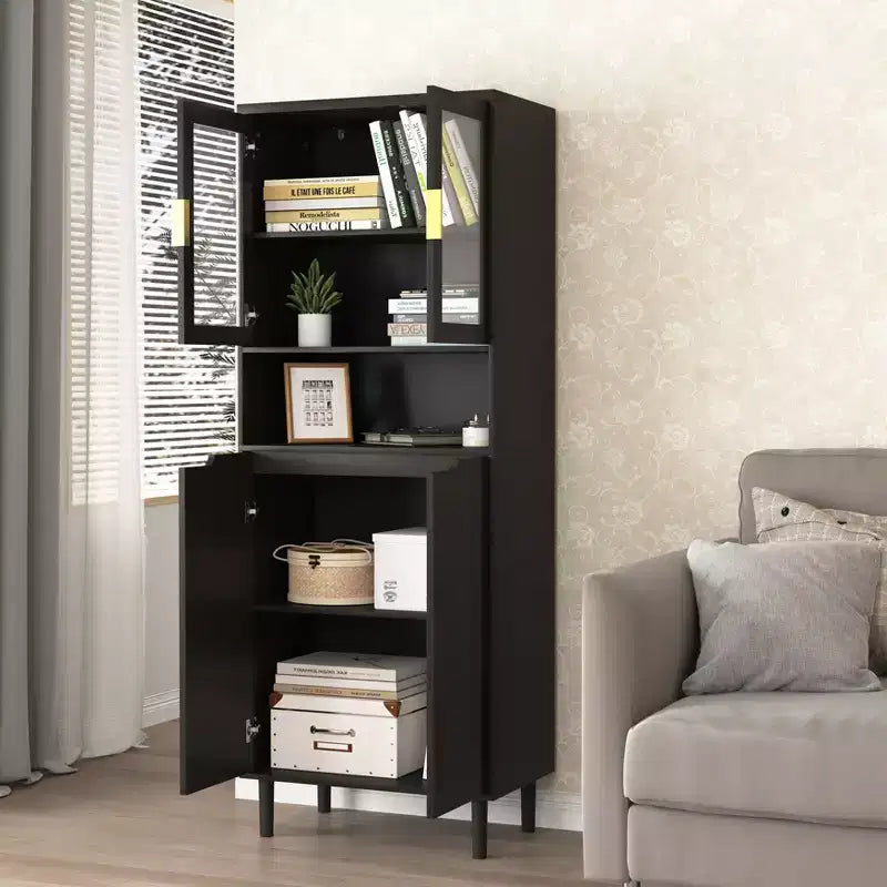 Tempered Glass Door Tall Bookcase with Adjustable Shelves, 4-Door MDF Painted Cabinet in Black for Living/Bedroom