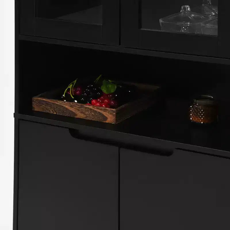 Tempered Glass Door Tall Bookcase with Adjustable Shelves, 4-Door MDF Painted Cabinet in Black for Living/Bedroom