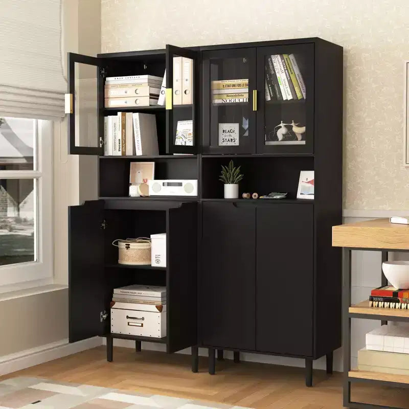Tempered Glass Door Tall Bookcase with Adjustable Shelves, 4-Door MDF Painted Cabinet in Black for Living/Bedroom