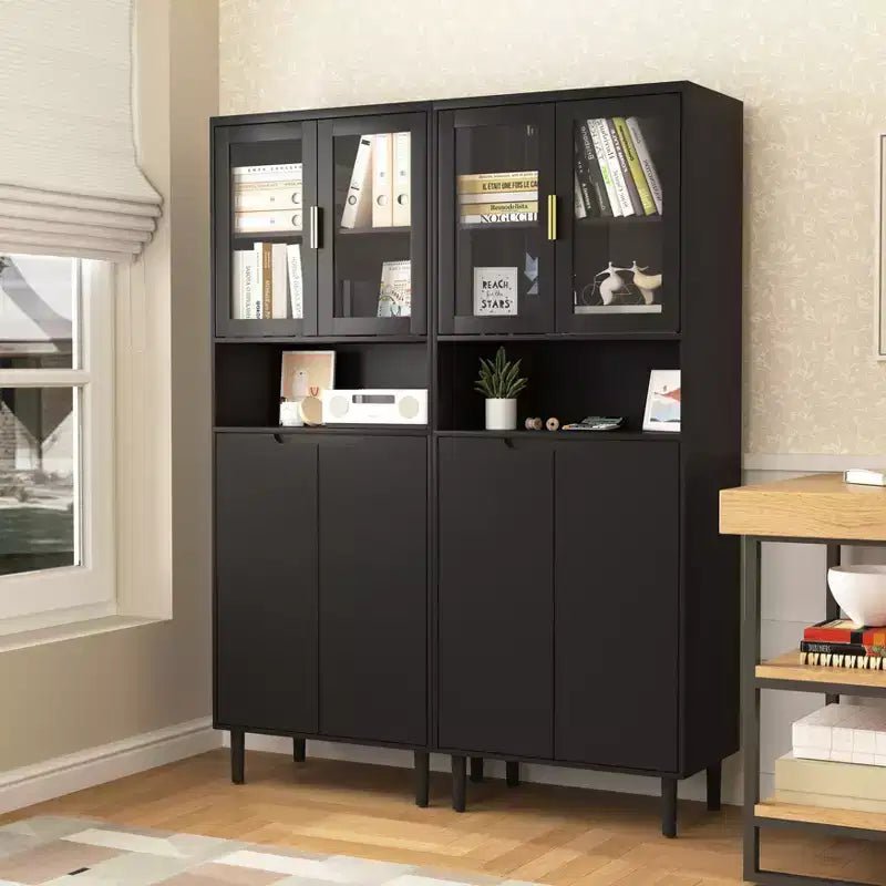Tempered Glass Door Tall Bookcase with Adjustable Shelves, 4-Door MDF Painted Cabinet in Black for Living/Bedroom