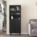 MAYEERTY Tempered Glass Door Tall Bookcase with Adjustable Shelves, 4-Door MDF Painted Cabinet in Black for Living/Bedroom
