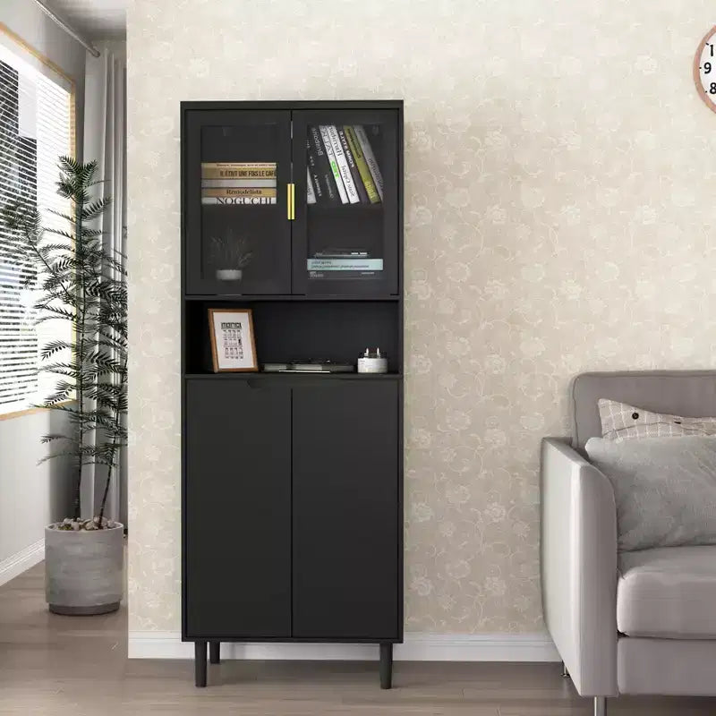 MAYEERTY Tempered Glass Door Tall Bookcase with Adjustable Shelves, 4-Door MDF Painted Cabinet in Black for Living/Bedroom