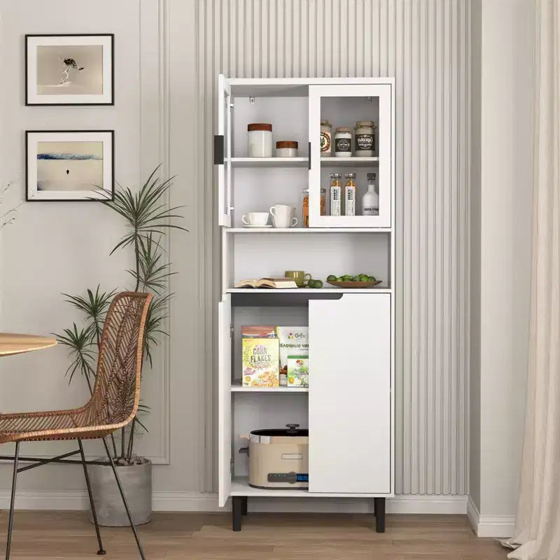 Tempered Glass Door Tall Bookcase with Adjustable Shelves, 4-Door MDF Painted Cabinet in Black for Living/Bedroom