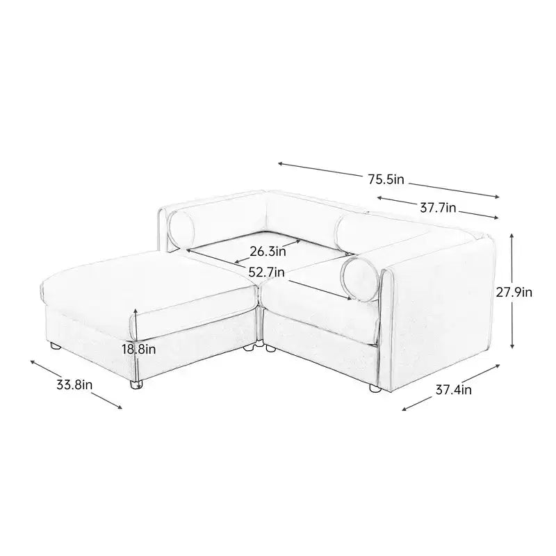Canapé 2 places blanc élégant en chenille avec pouf de rangement, dossier et accoudoirs cylindriques