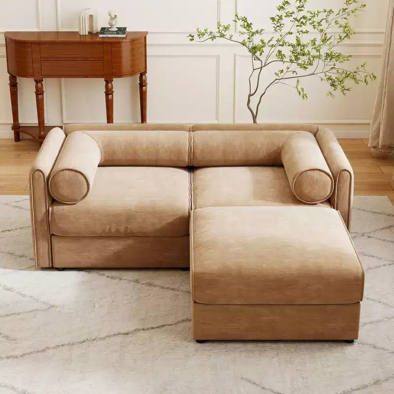 Canapé 2 places blanc élégant en chenille avec pouf de rangement, dossier et accoudoirs cylindriques