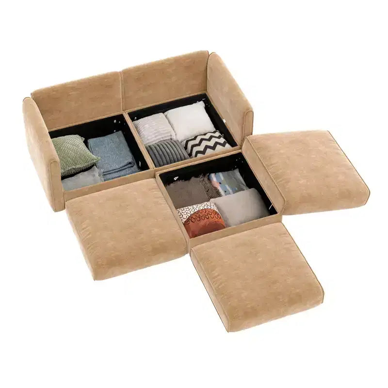 Canapé 2 places blanc élégant en chenille avec pouf de rangement, dossier et accoudoirs cylindriques