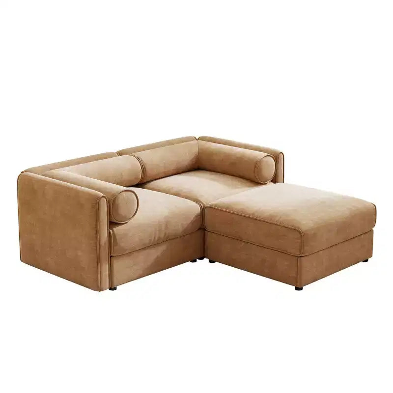 Canapé 2 places blanc élégant en chenille avec pouf de rangement, dossier et accoudoirs cylindriques