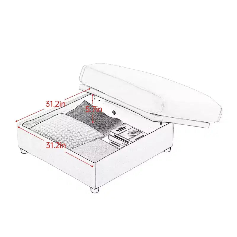 Canapé 2 places blanc élégant en chenille avec pouf de rangement, dossier et accoudoirs cylindriques