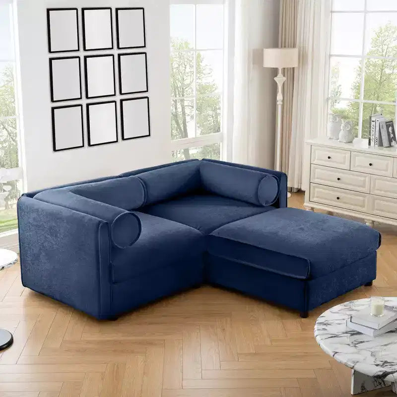 Stylish White Chenille 2-Seater Sofa with Ottoman Storage Seat, Cylindrical Backrest and Armrests