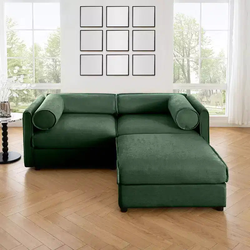 Canapé 2 places blanc élégant en chenille avec pouf de rangement, dossier et accoudoirs cylindriques