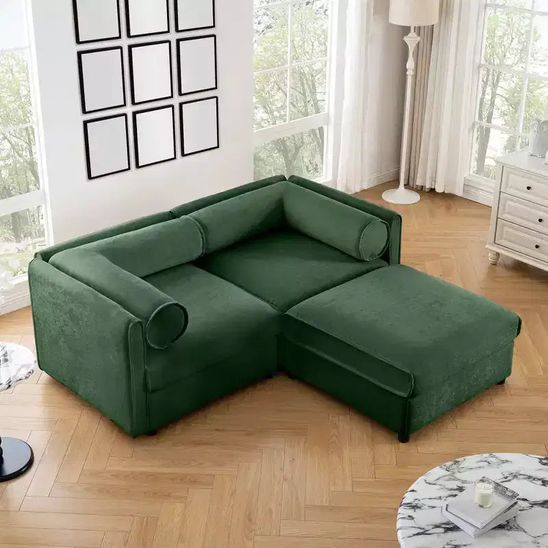 Canapé 2 places blanc élégant en chenille avec pouf de rangement, dossier et accoudoirs cylindriques