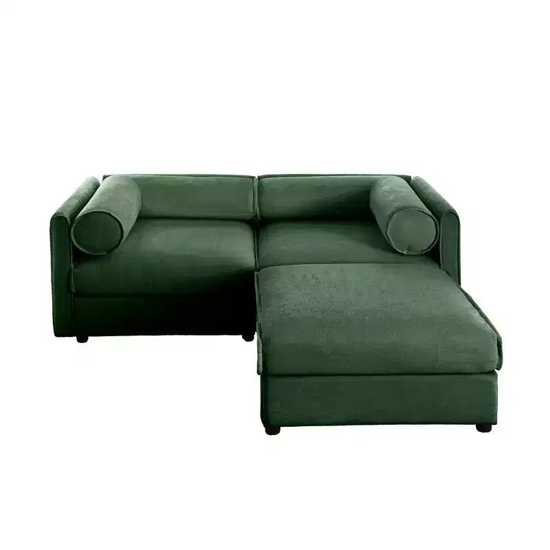 Canapé 2 places blanc élégant en chenille avec pouf de rangement, dossier et accoudoirs cylindriques
