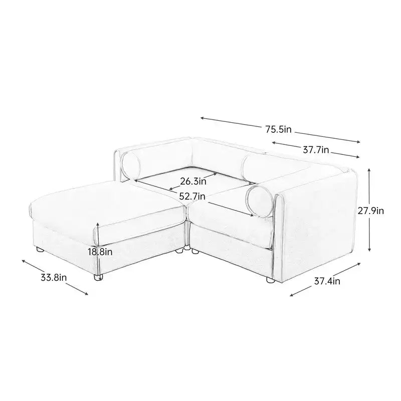 Canapé 2 places blanc élégant en chenille avec pouf de rangement, dossier et accoudoirs cylindriques