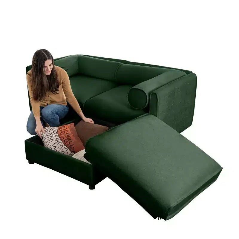 Canapé 2 places blanc élégant en chenille avec pouf de rangement, dossier et accoudoirs cylindriques