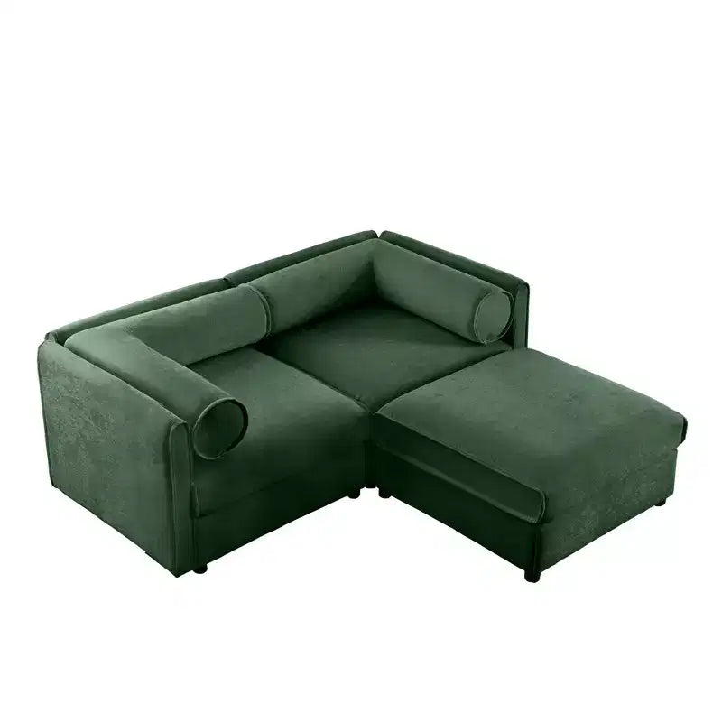 Canapé 2 places blanc élégant en chenille avec pouf de rangement, dossier et accoudoirs cylindriques