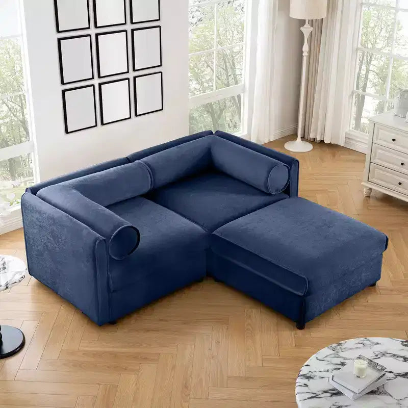 Stylish White Chenille 2-Seater Sofa with Ottoman Storage Seat, Cylindrical Backrest and Armrests
