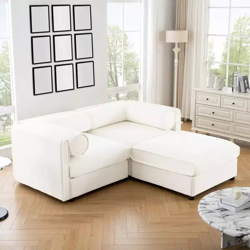 Canapé 2 places blanc élégant en chenille avec pouf de rangement, dossier et accoudoirs cylindriques
