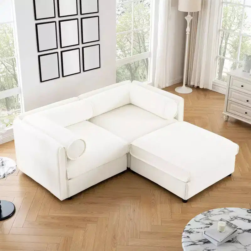Canapé 2 places blanc élégant en chenille avec pouf de rangement, dossier et accoudoirs cylindriques