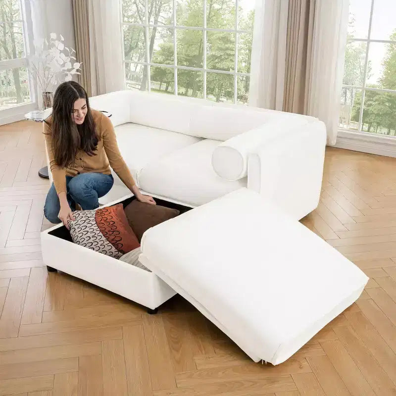 Canapé 2 places blanc élégant en chenille avec pouf de rangement, dossier et accoudoirs cylindriques