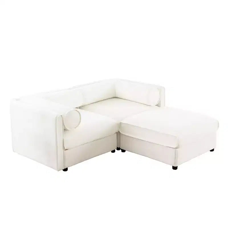 Canapé 2 places blanc élégant en chenille avec pouf de rangement, dossier et accoudoirs cylindriques