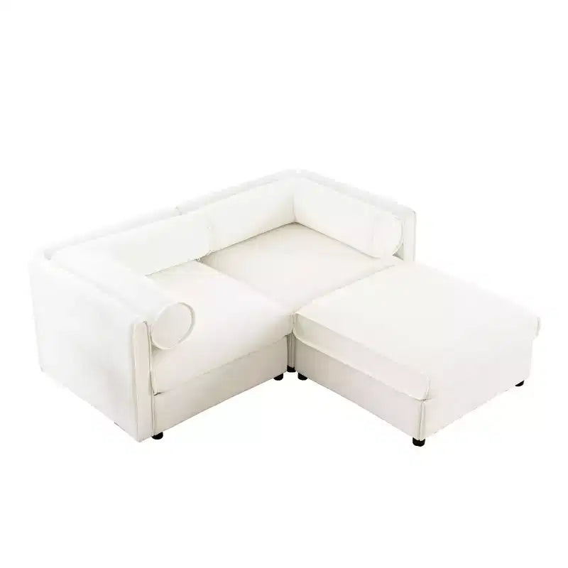 Canapé 2 places blanc élégant en chenille avec pouf de rangement, dossier et accoudoirs cylindriques