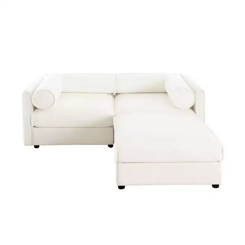 Canapé 2 places blanc élégant en chenille avec pouf de rangement, dossier et accoudoirs cylindriques