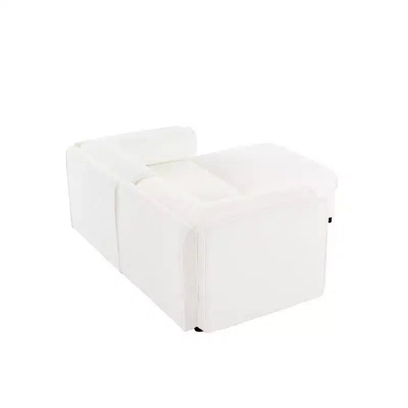 Canapé 2 places blanc élégant en chenille avec pouf de rangement, dossier et accoudoirs cylindriques