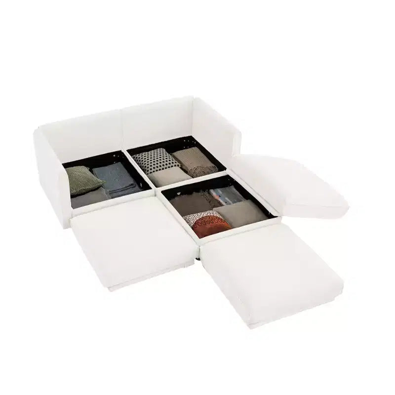Canapé 2 places blanc élégant en chenille avec pouf de rangement, dossier et accoudoirs cylindriques