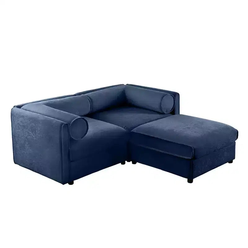 Stylish White Chenille 2-Seater Sofa with Ottoman Storage Seat, Cylindrical Backrest and Armrests