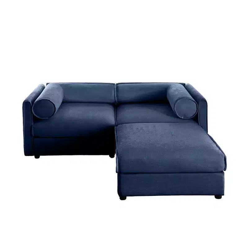 Canapé 2 places blanc élégant en chenille avec pouf de rangement, dossier et accoudoirs cylindriques