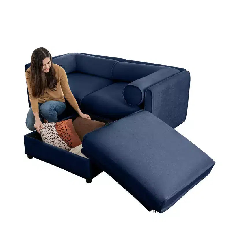 Canapé 2 places blanc élégant en chenille avec pouf de rangement, dossier et accoudoirs cylindriques