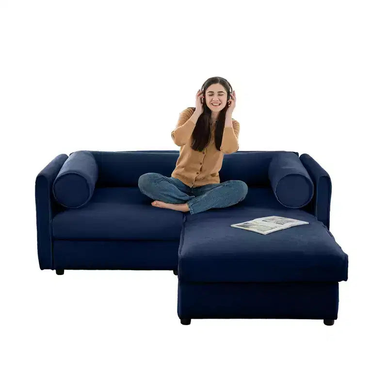 Canapé 2 places blanc élégant en chenille avec pouf de rangement, dossier et accoudoirs cylindriques