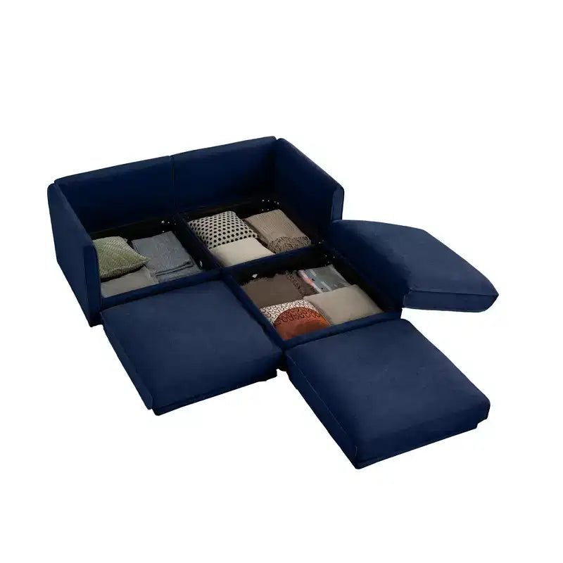 Canapé 2 places blanc élégant en chenille avec pouf de rangement, dossier et accoudoirs cylindriques